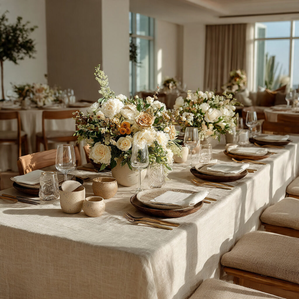 soft neutral bridal shower setup with warm