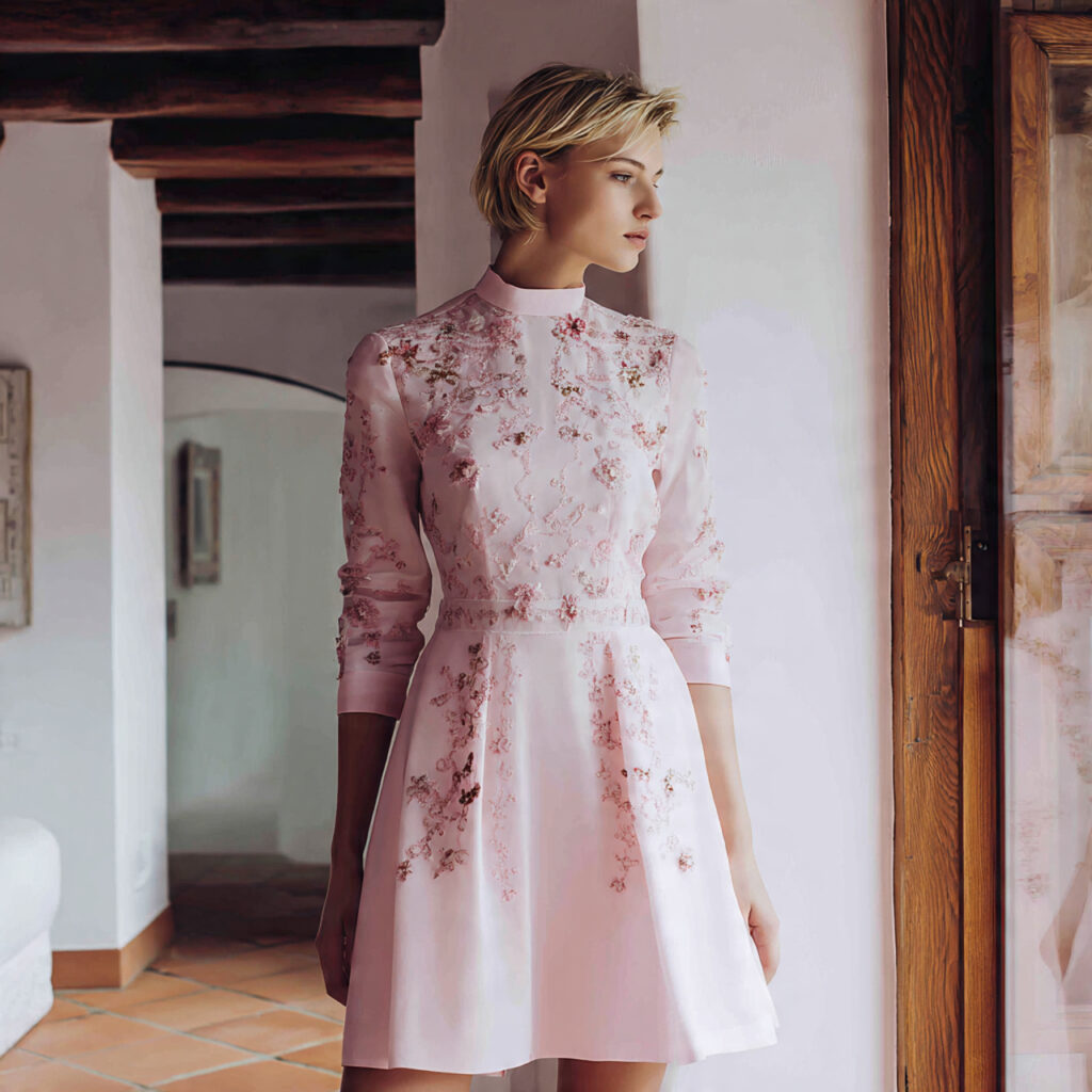 soft pink embroidered wedding guest dress delicate