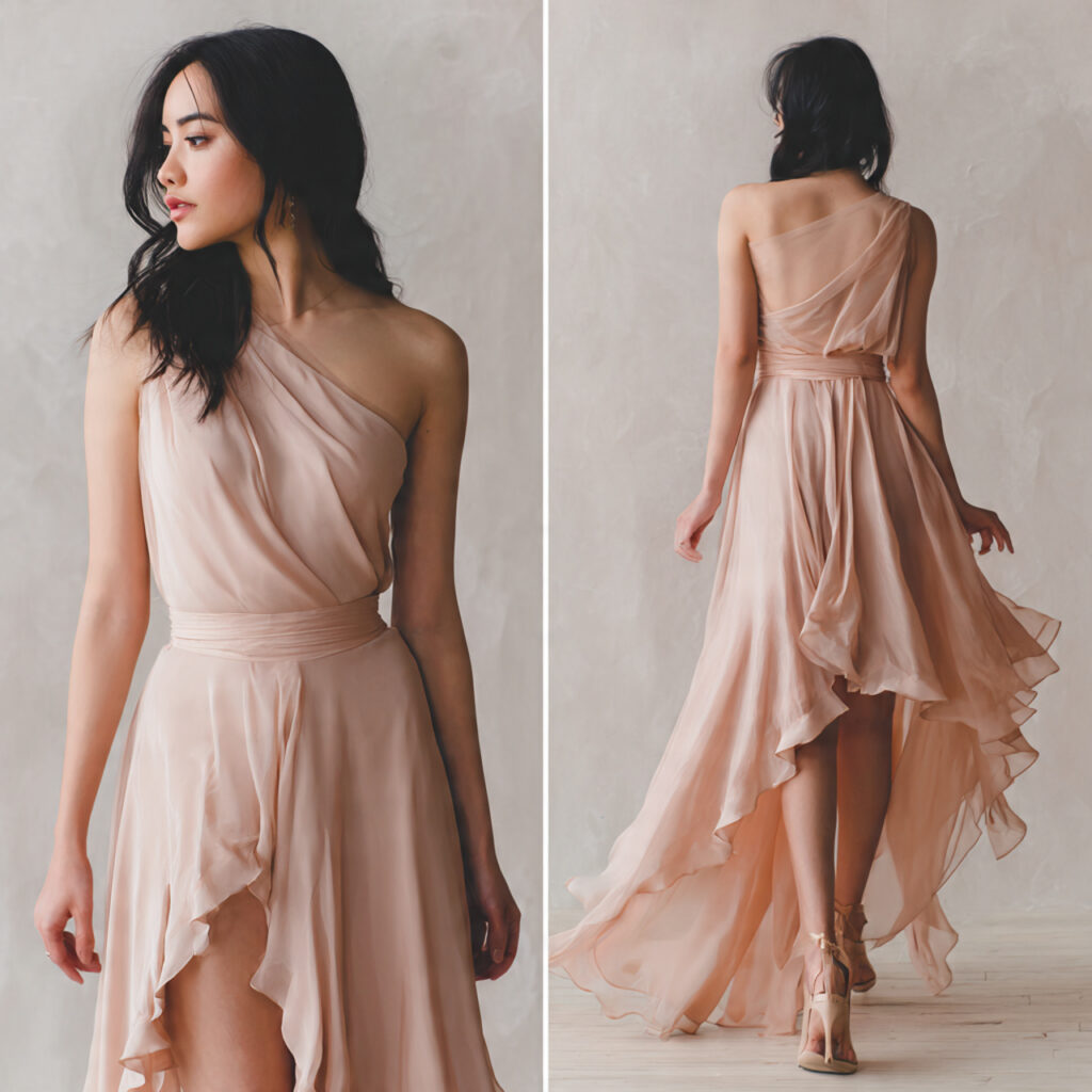 soft pink high low hem wedding guest dress