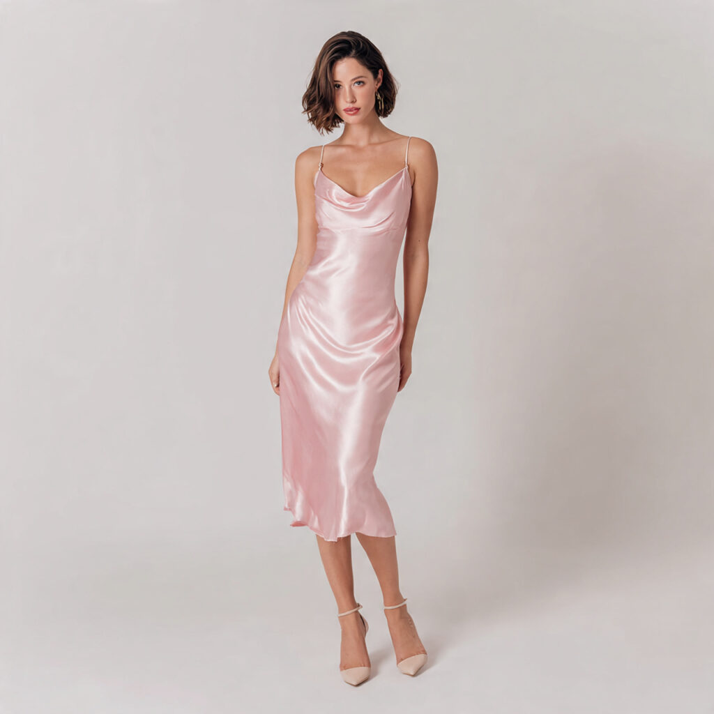 soft pink satin slip dress midi length