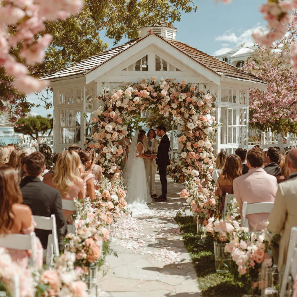 spring wedding ceremony surrounded by blooming flowers