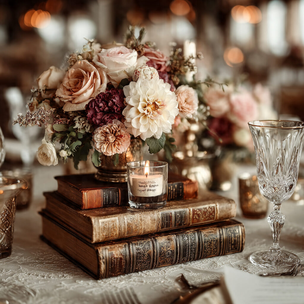 stacked vintage books used as table centerpieces