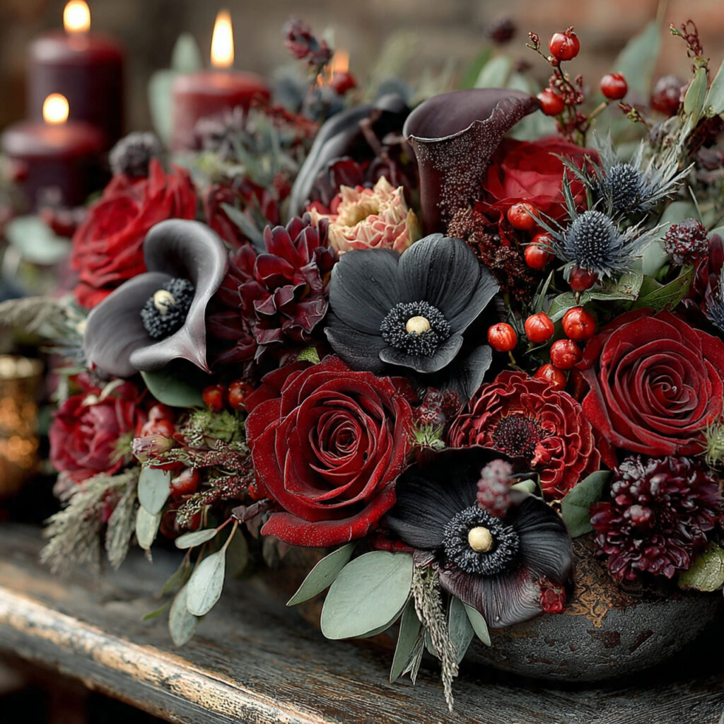 structured gothic wedding floral arrangement with deep