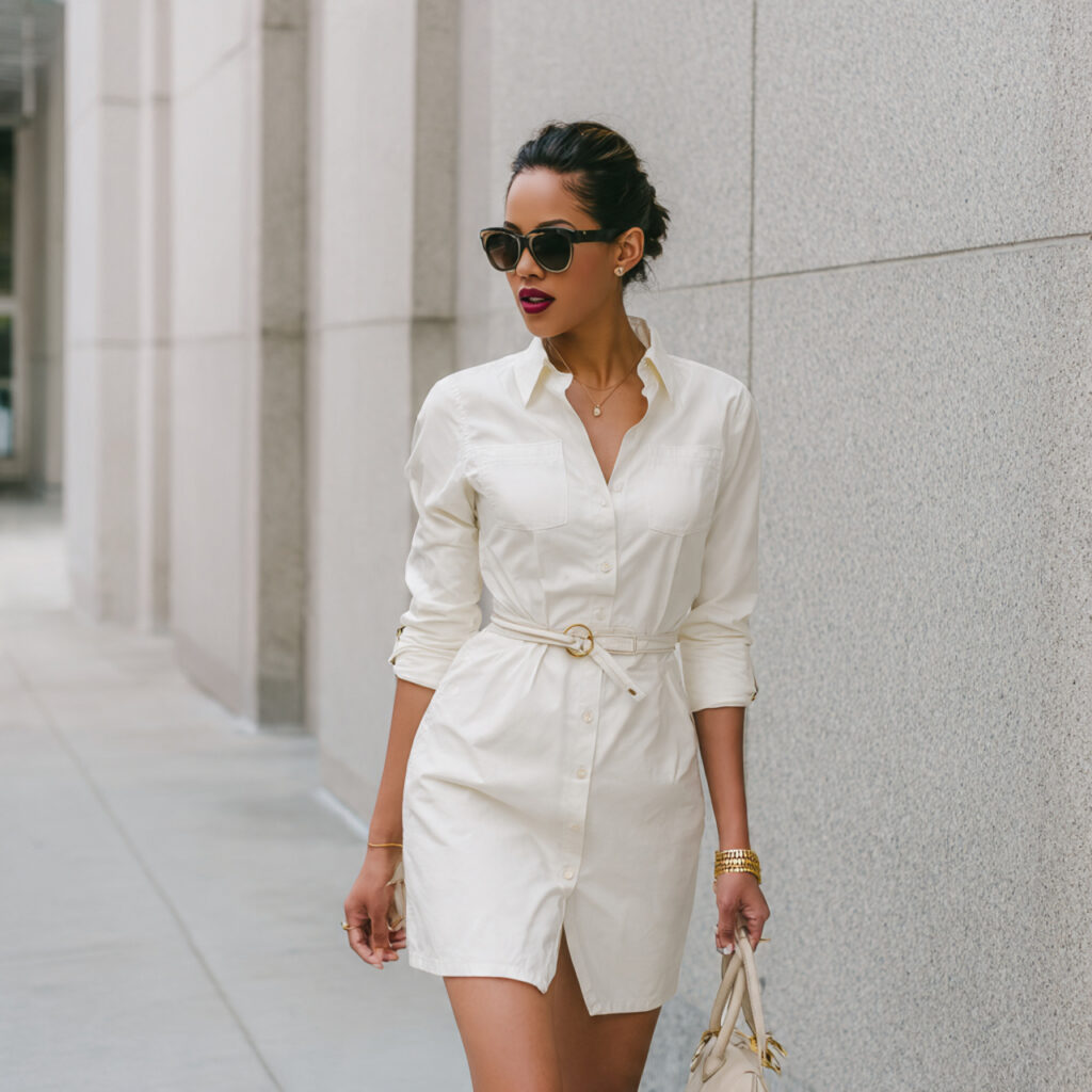 structured shirt dress bridal shower guest outfit 1