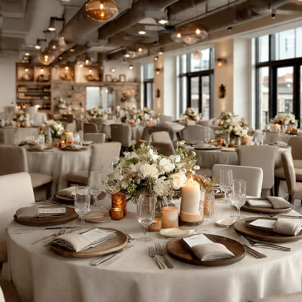 styled wedding reception with round tables neutral