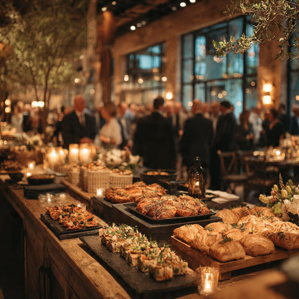stylish cocktail wedding reception with servers passing