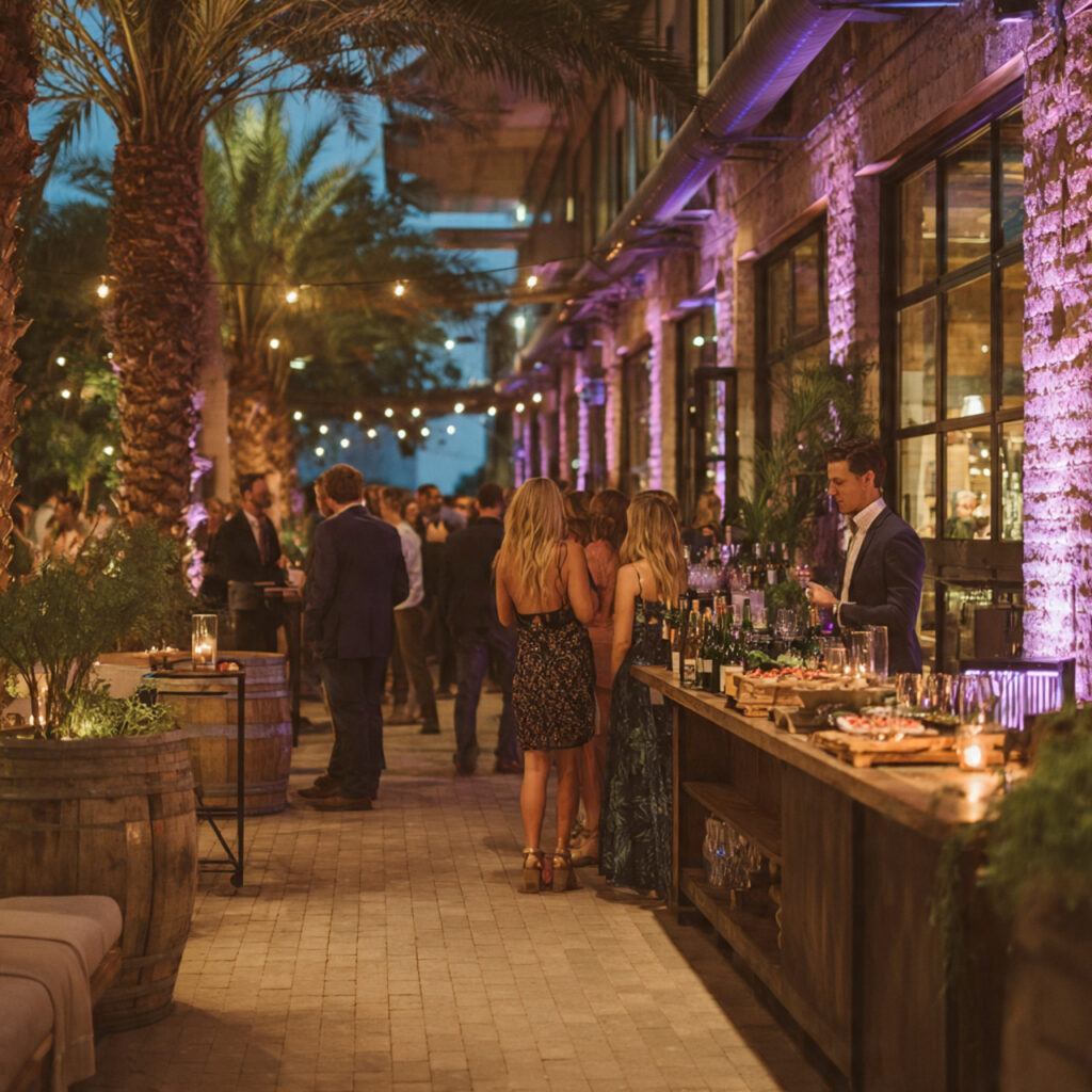 stylish rehearsal dinner cocktail gathering high tables