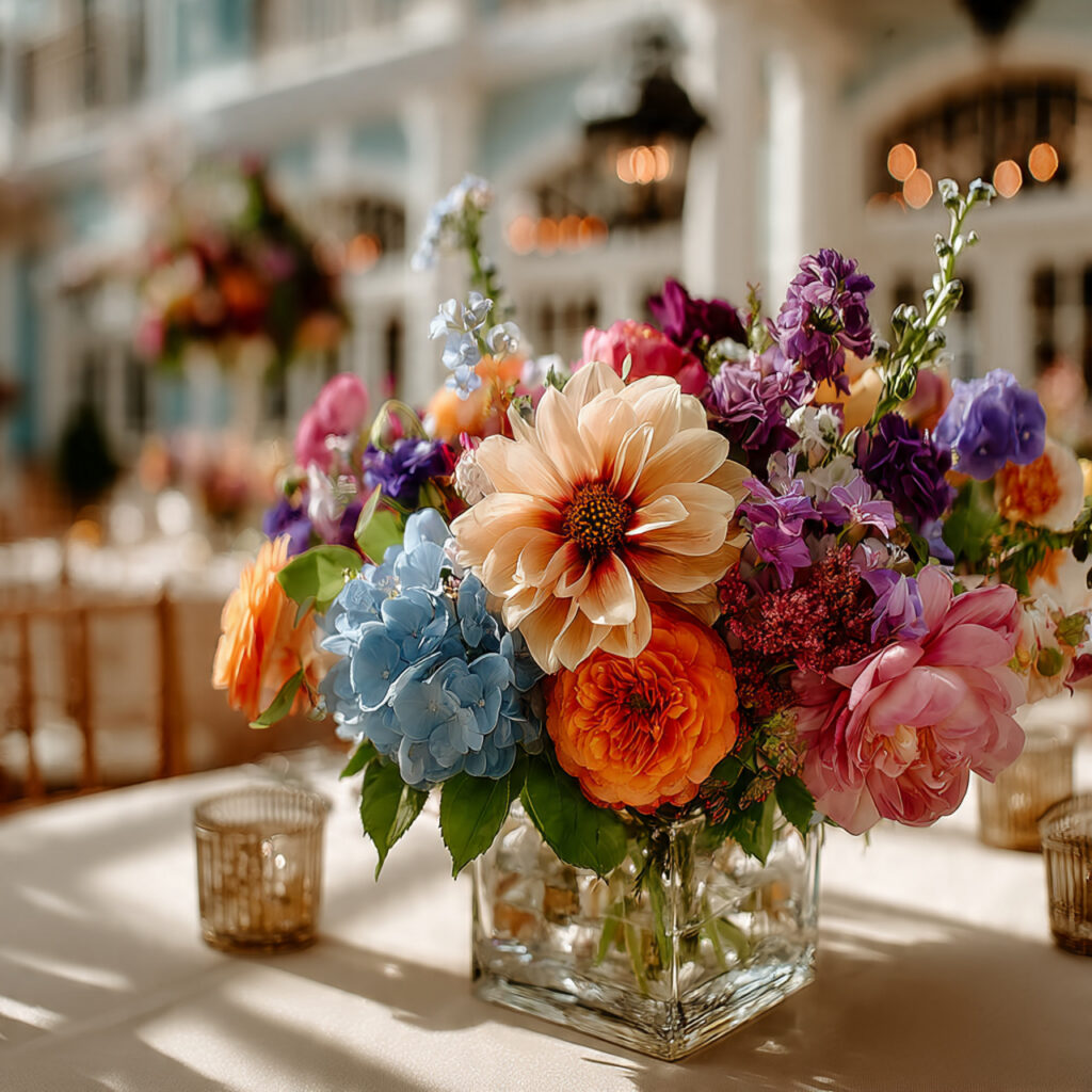 summer wedding celebration with bright florals open