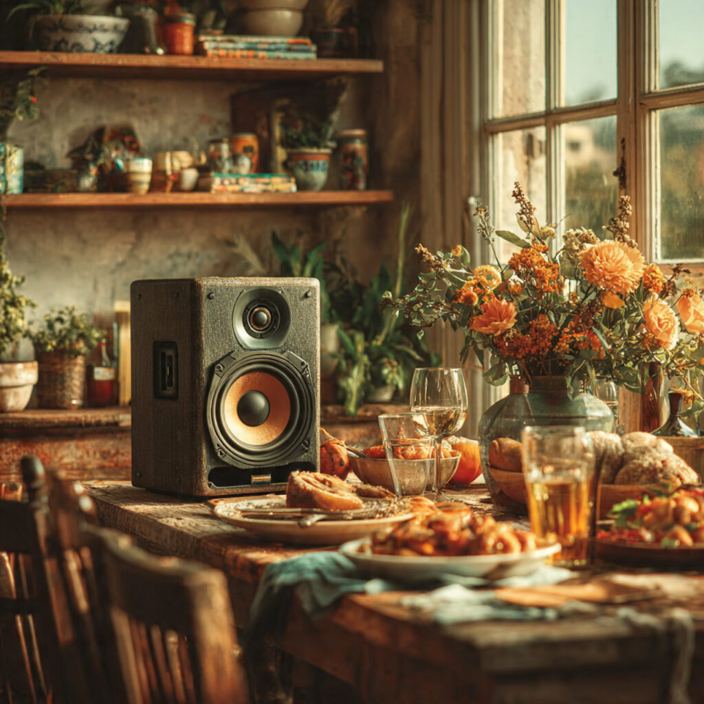 thanksgiving gathering with subtle background music setup