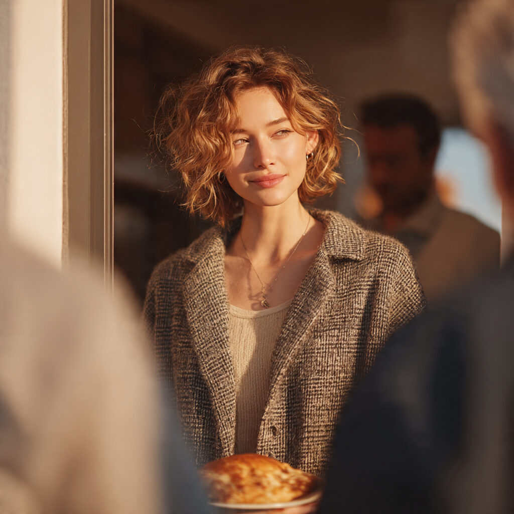 thanksgiving host calmly welcoming guests simple attire
