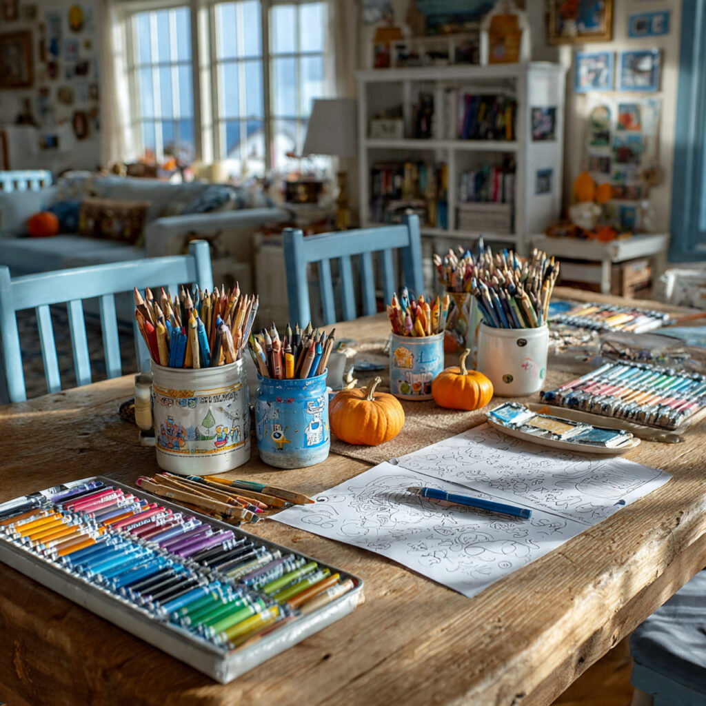 thanksgiving kids table with coloring pages and