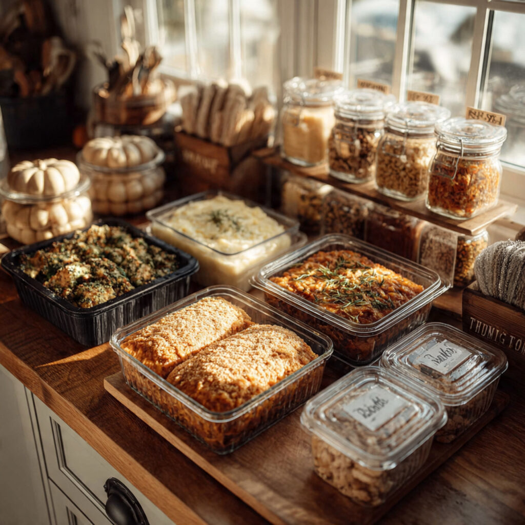 thanksgiving kitchen counter with organized leftover containers