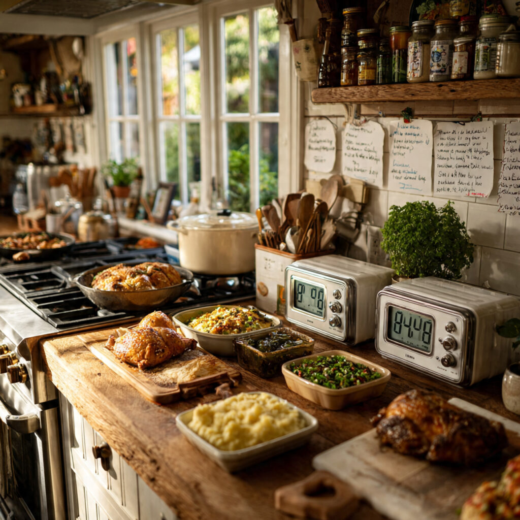 thanksgiving kitchen with multiple timers cooking schedule