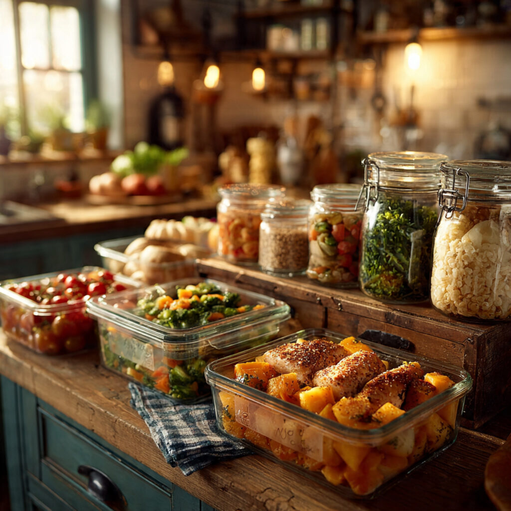 thanksgiving kitchen with prepped ingredients neatly stored