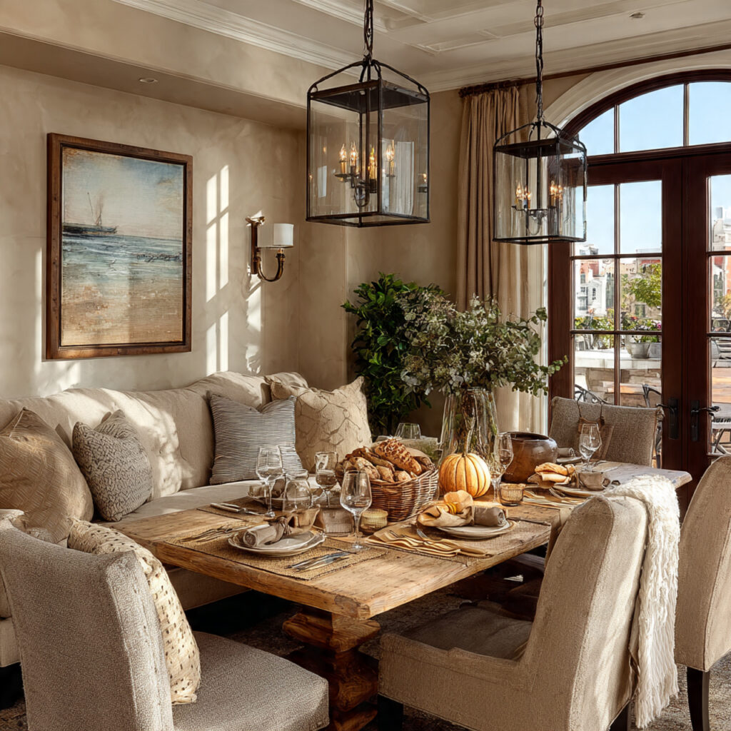 thanksgiving living and dining area with cozy