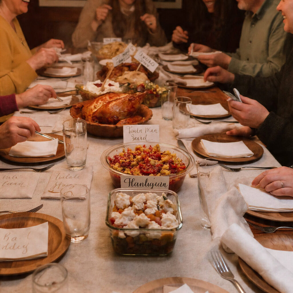 thanksgiving potluck table with clearly labeled dishes