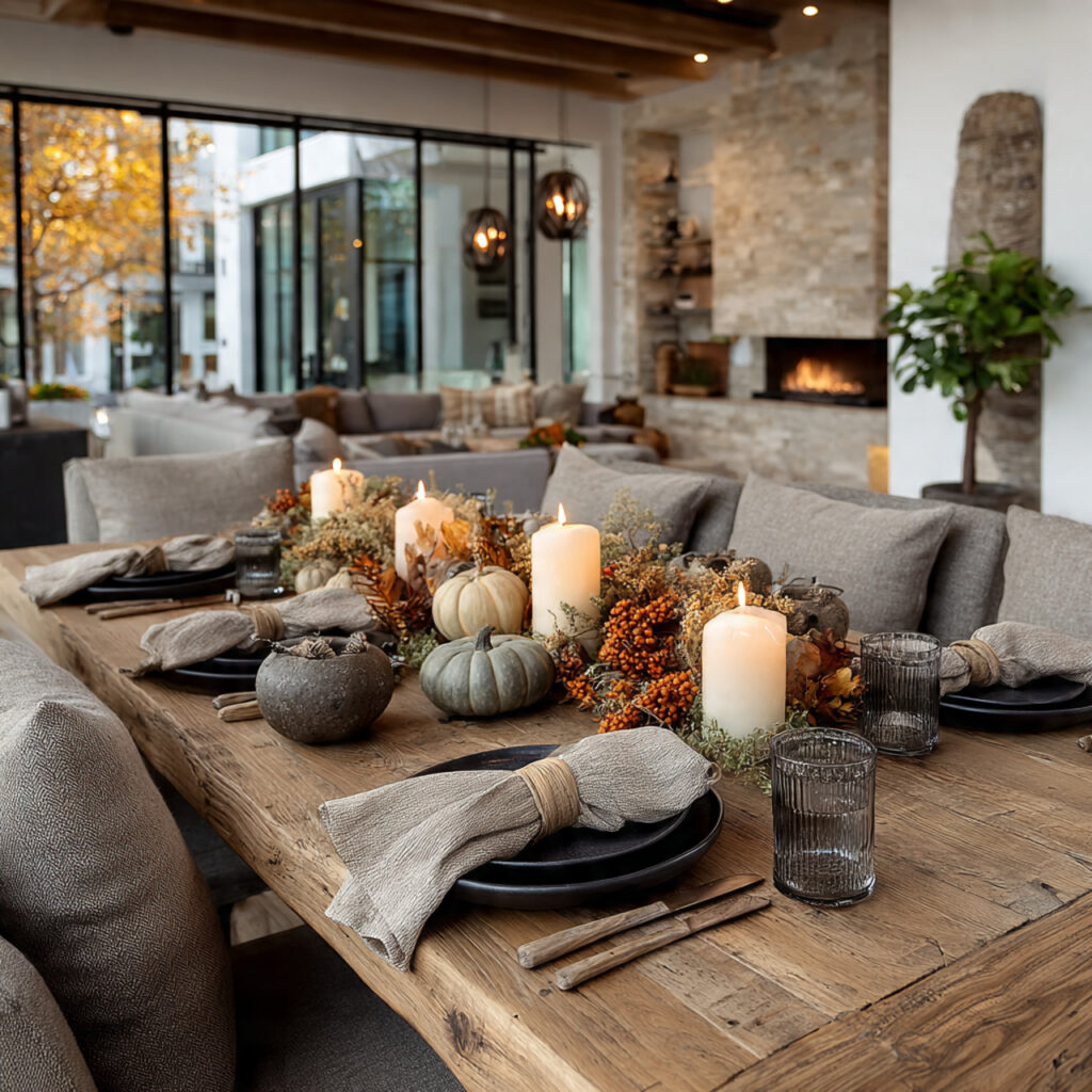 thanksgiving table with low centerpiece made of