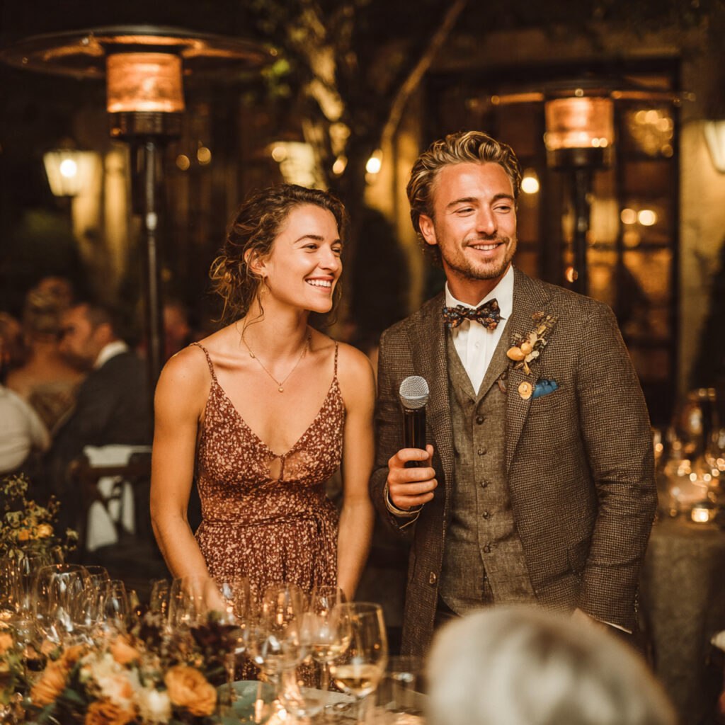 the couple giving a joint wedding speech