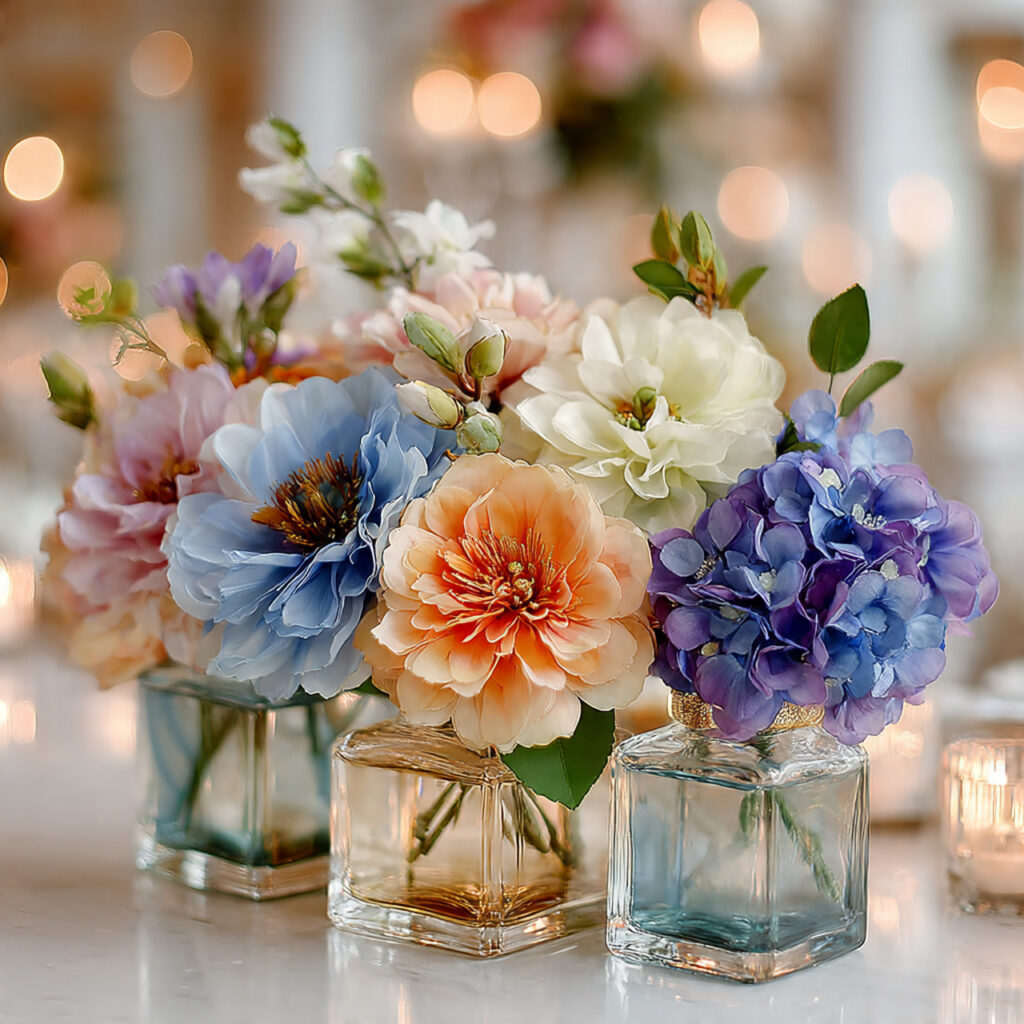 three small clear glass vases arranged together