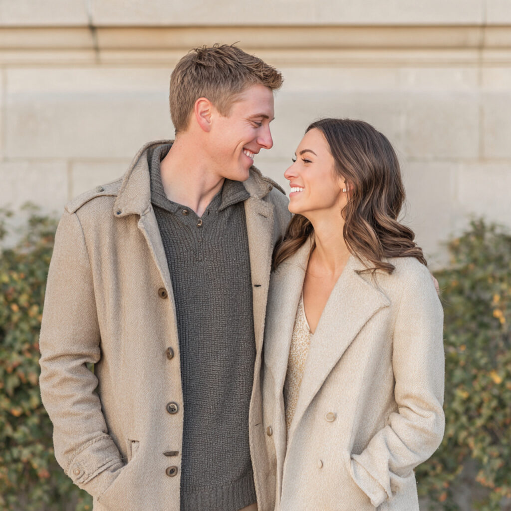 21 Cozy and Stylish Fall Engagement Photo Outfit Ideas 17 timeless fall engagement photoshoot couple dressed in