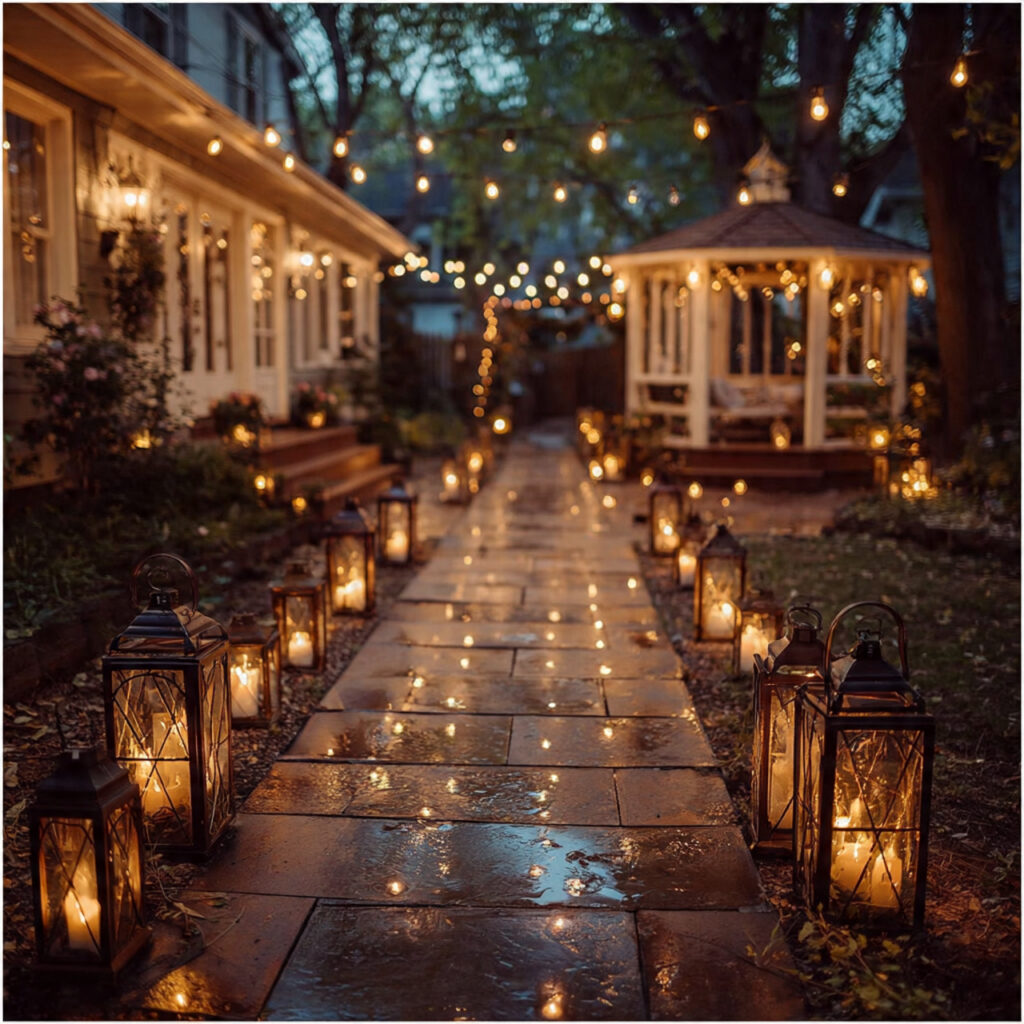 tiny backyard wedding at dusk with string