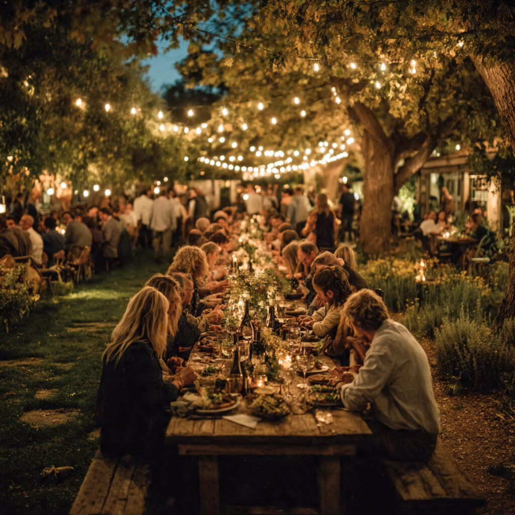 tiny backyard wedding dinner with long shared