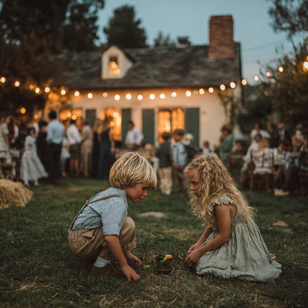 tiny backyard wedding with children playing lawn