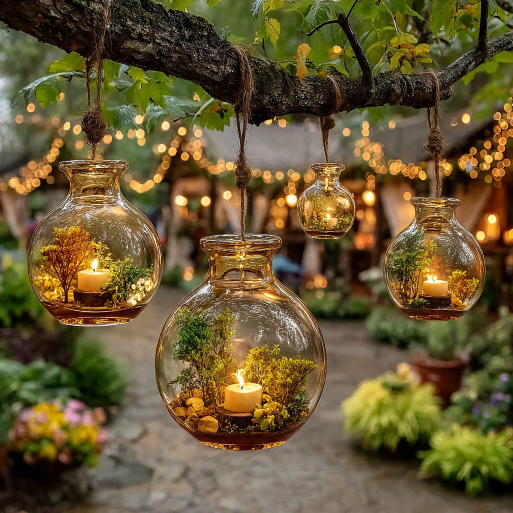 tree branches decorated with hanging glass orbs