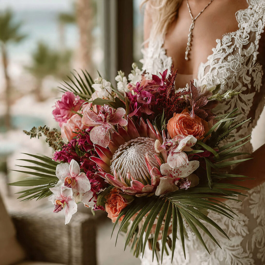 tropical boho wedding bouquet with protea orchids