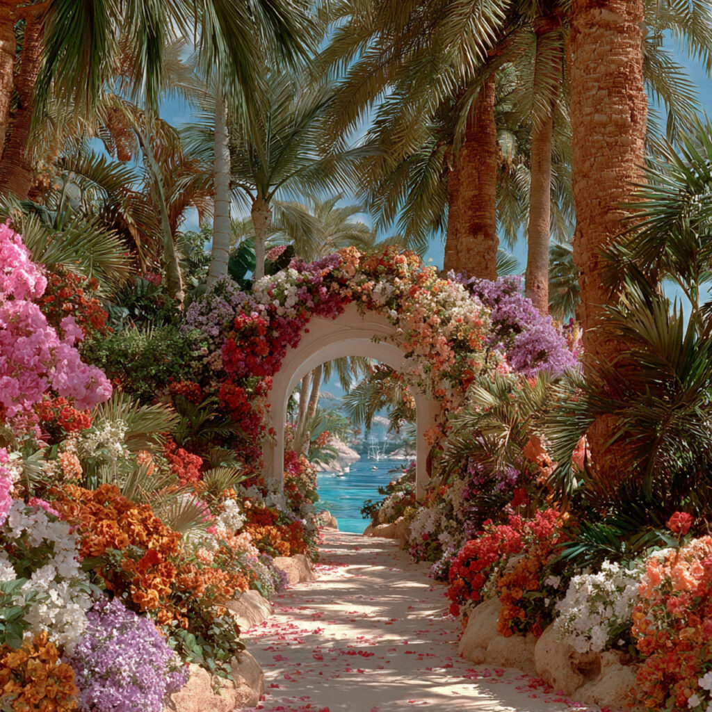 tropical wedding ceremony with palm trees vibrant