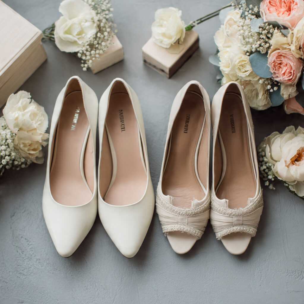 two pairs of bridal shoes displayed together
