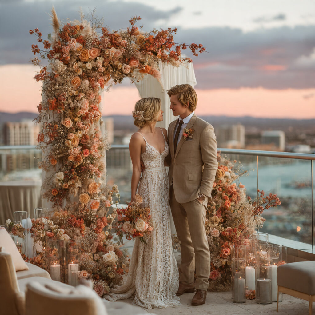 urban city wedding with skyline backdrop rooftop