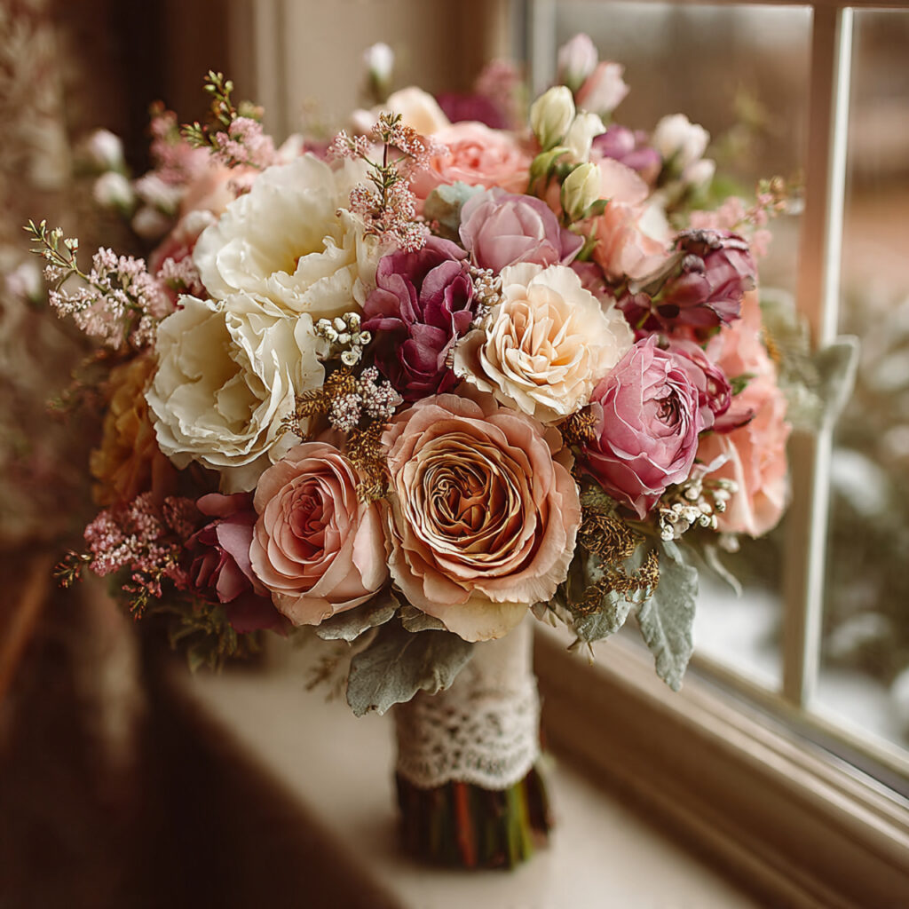 vintage boho wedding bouquet with muted roses