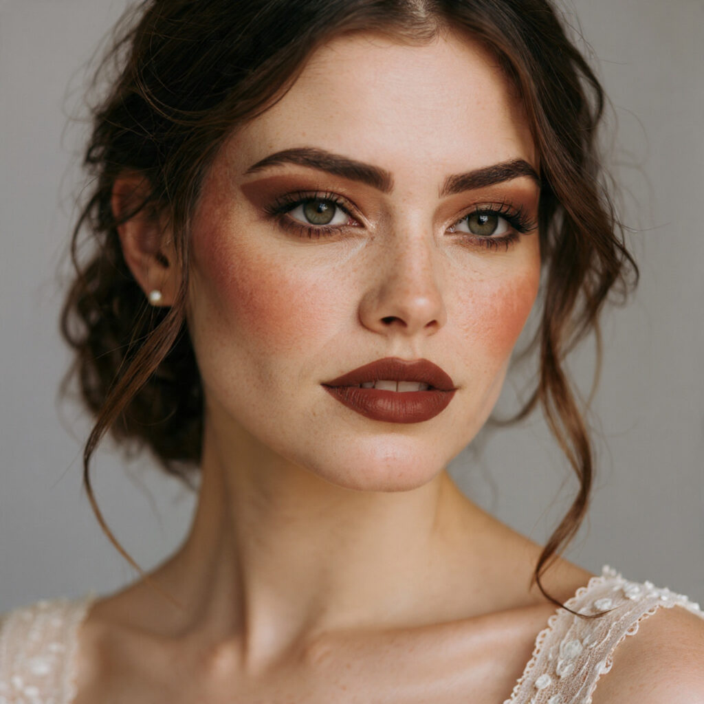 vintage bridal makeup featuring matte skin warm