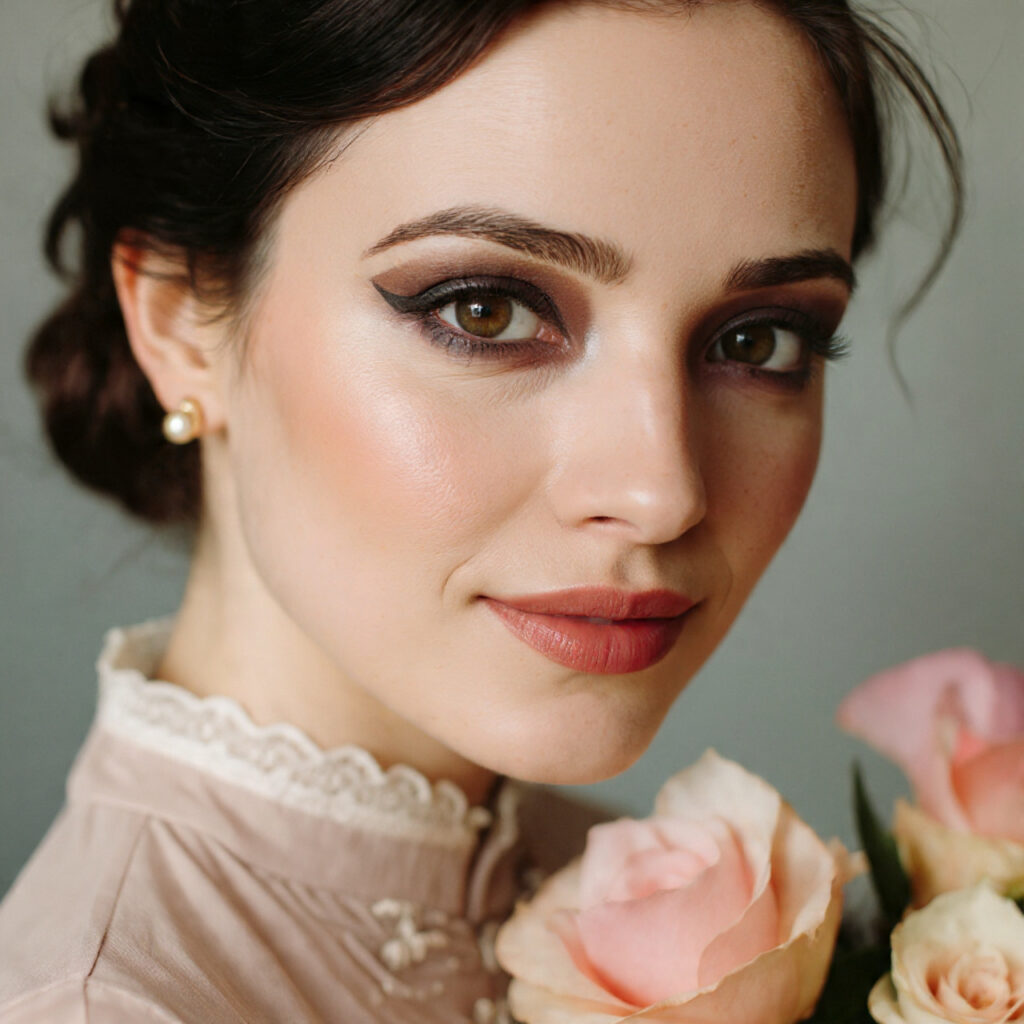 vintage bridal makeup featuring subtle winged eyeliner