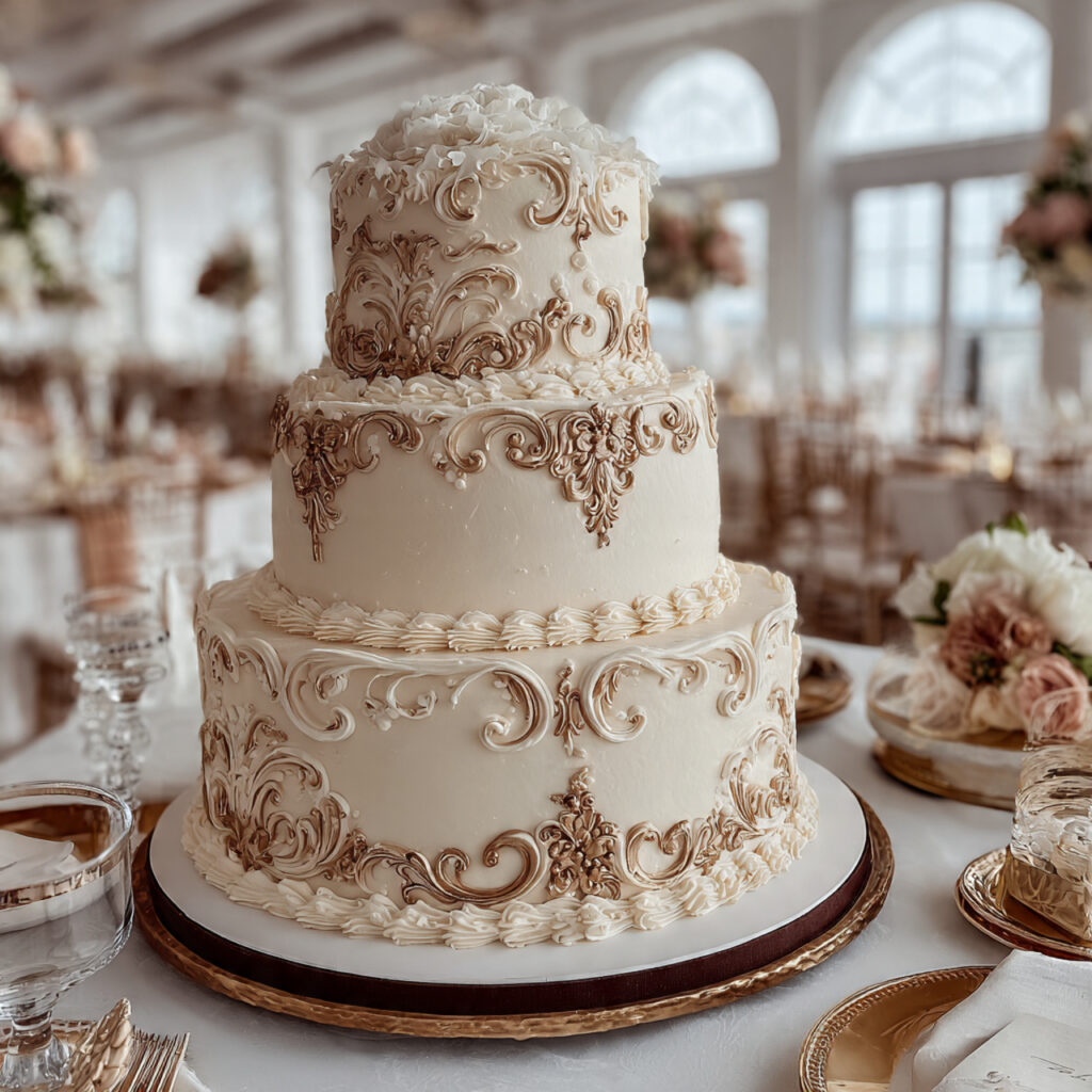 vintage inspired wedding cake with lambeth piping details