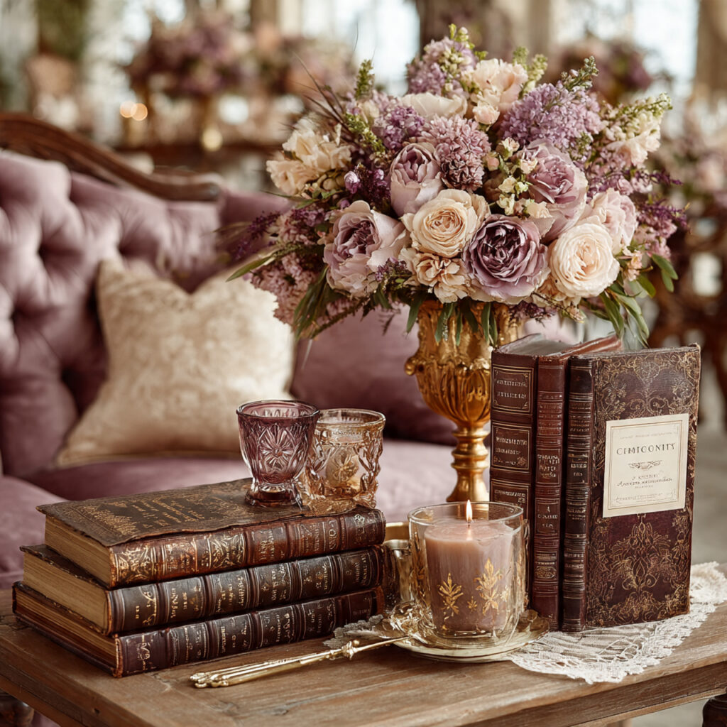vintage inspired wedding decor with antique furniture