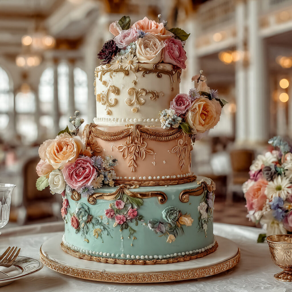 vintage style wedding cake with pastel buttercream tones