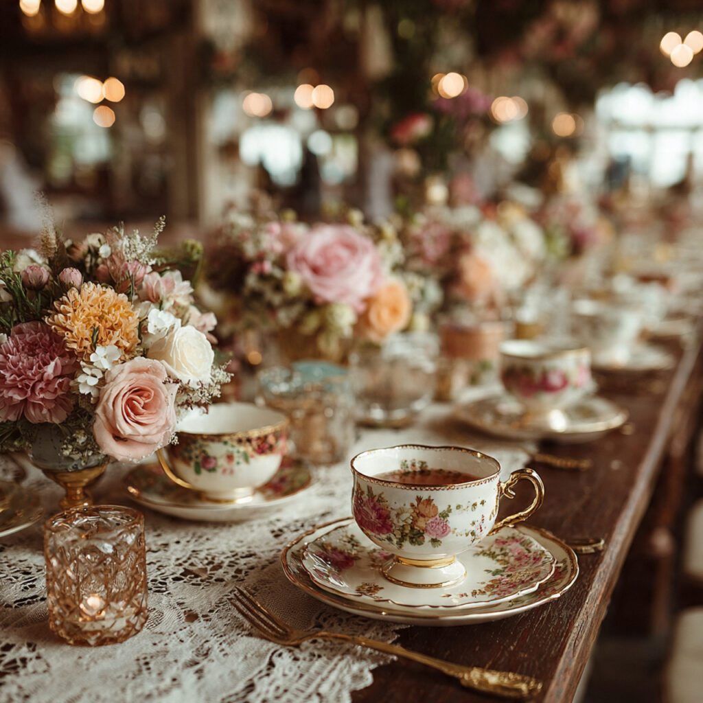 vintage tea party bridal shower with mismatched