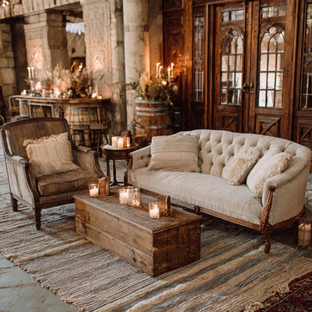 vintage wedding lounge with mismatched antique sofas