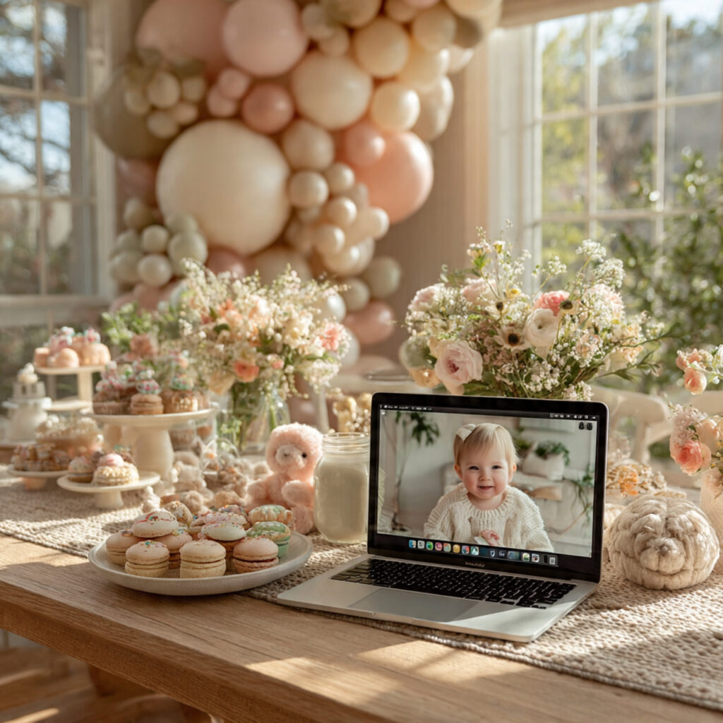virtual baby shower setup with laptop on