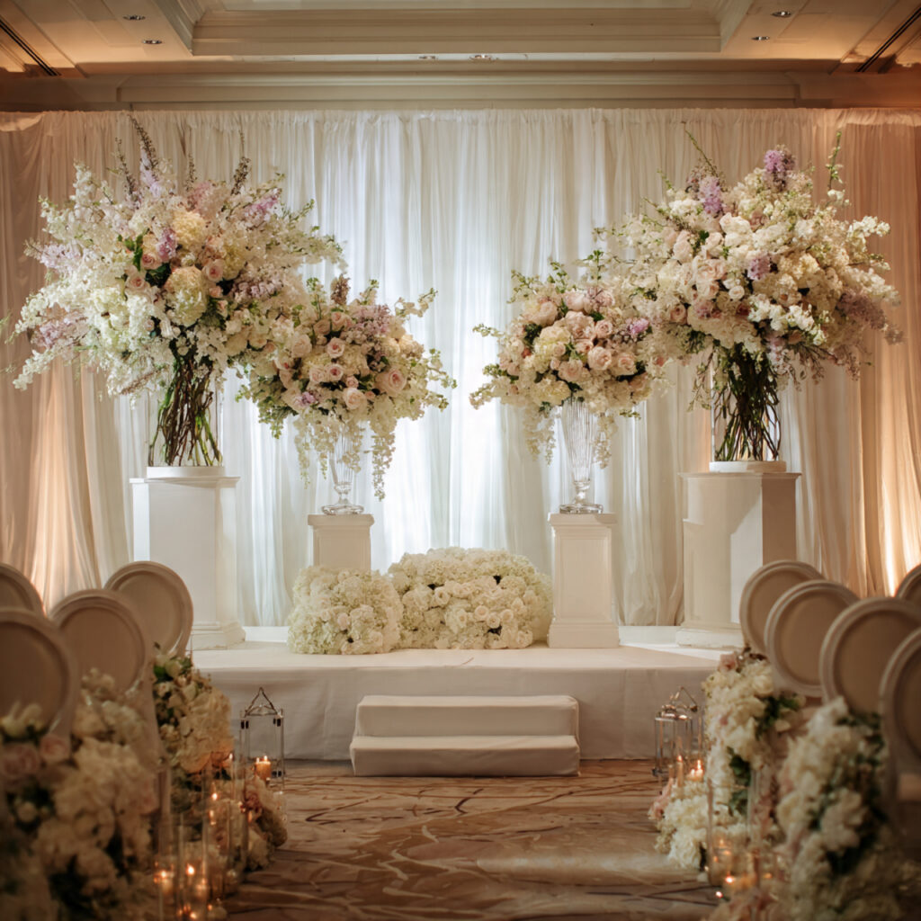 wedding altar floral setup symmetrical floral arrangements