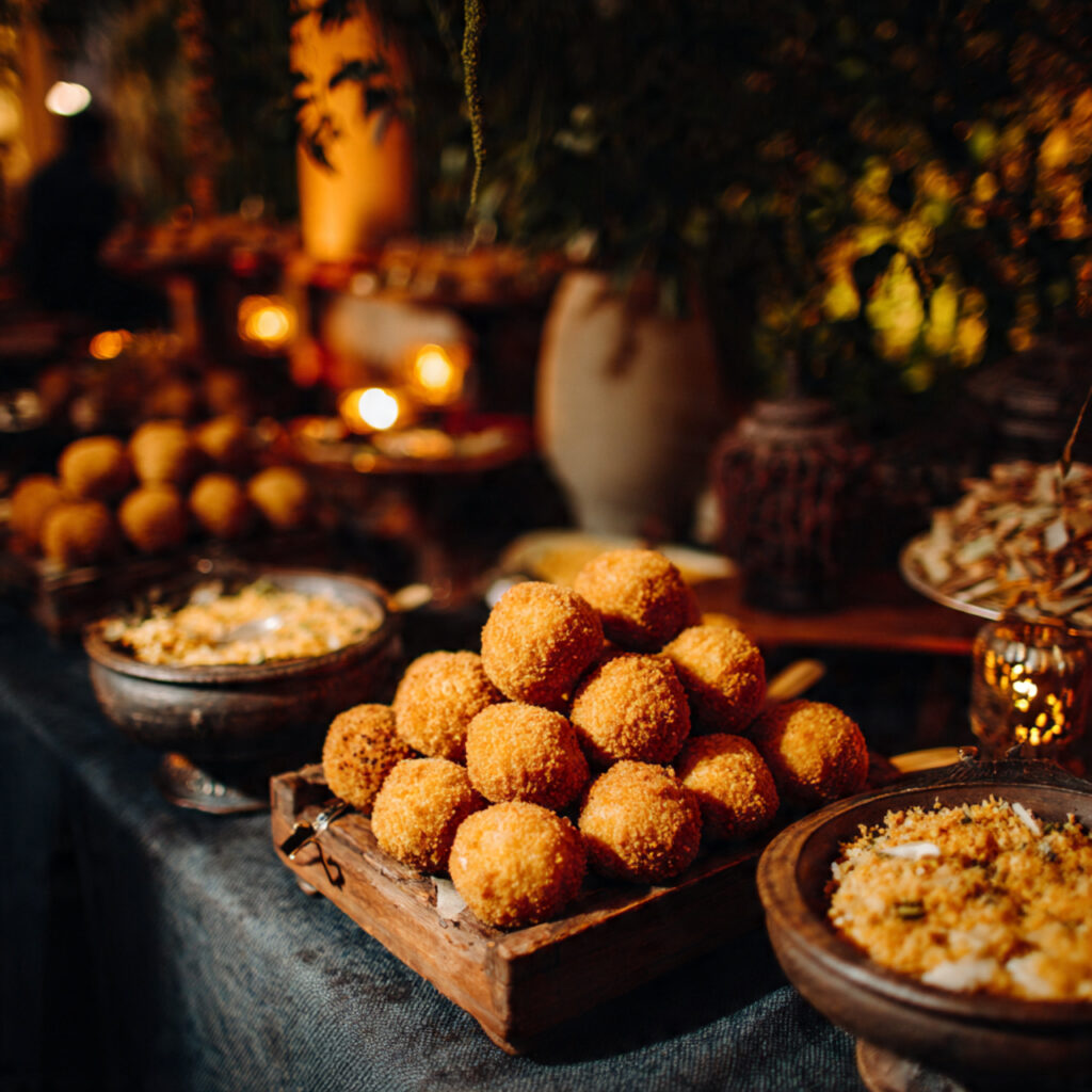 wedding arancini snack station with golden fried