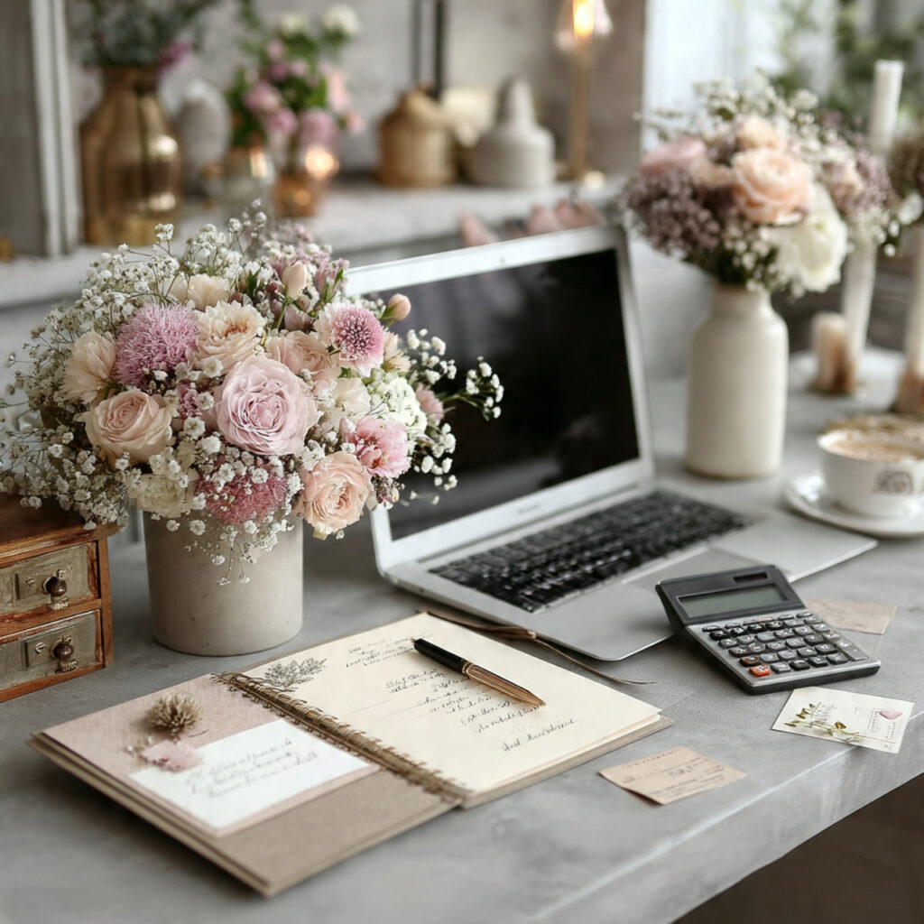 wedding budget planning scene with open laptop