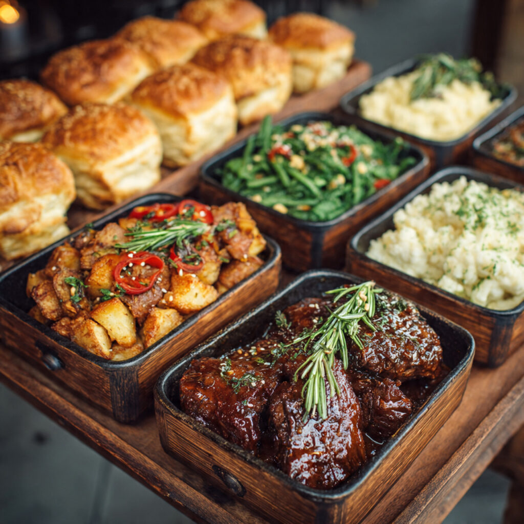wedding buffet table with comfort food simple