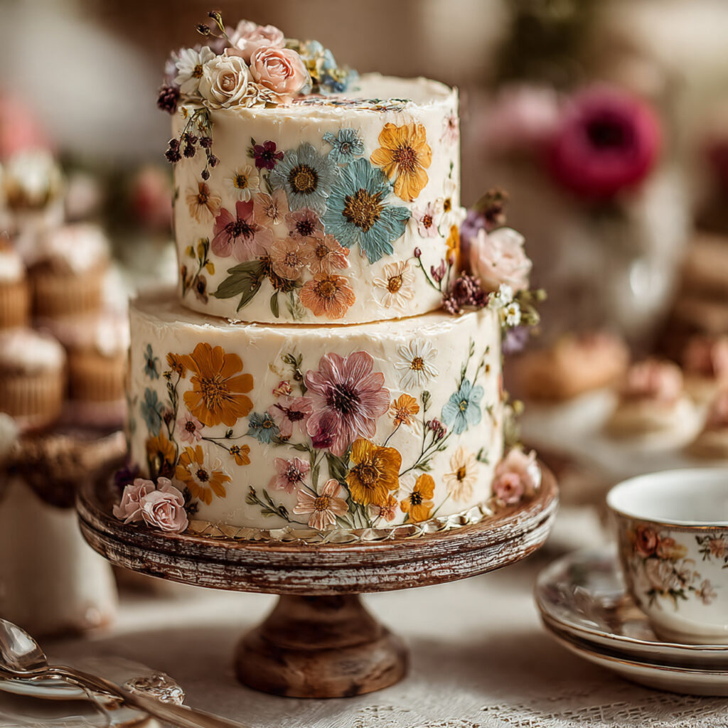 wedding cake decorated with pressed edible flowers
