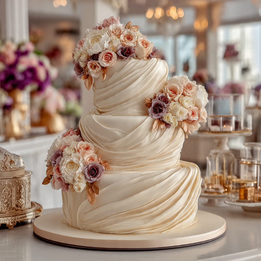 wedding cake designed to resemble soft fabric
