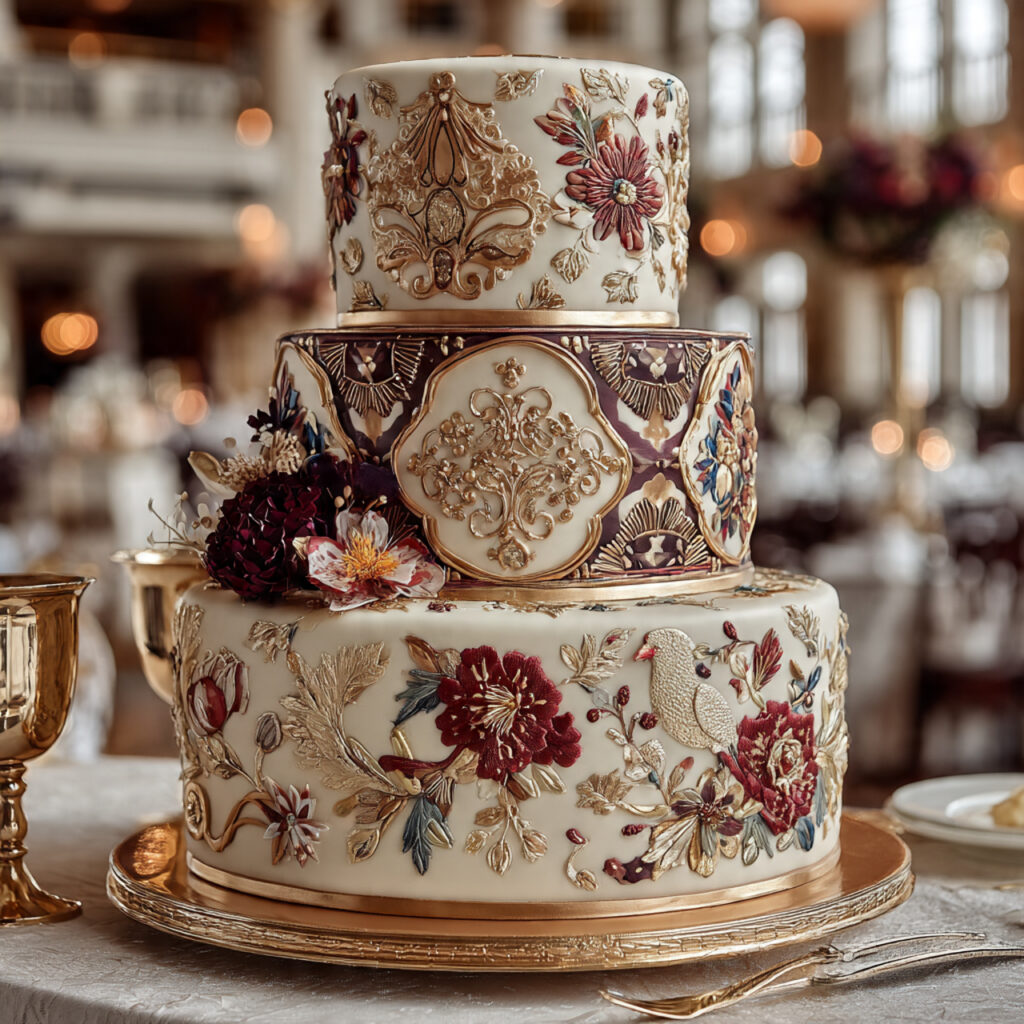 wedding cake featuring traditional cultural patterns and