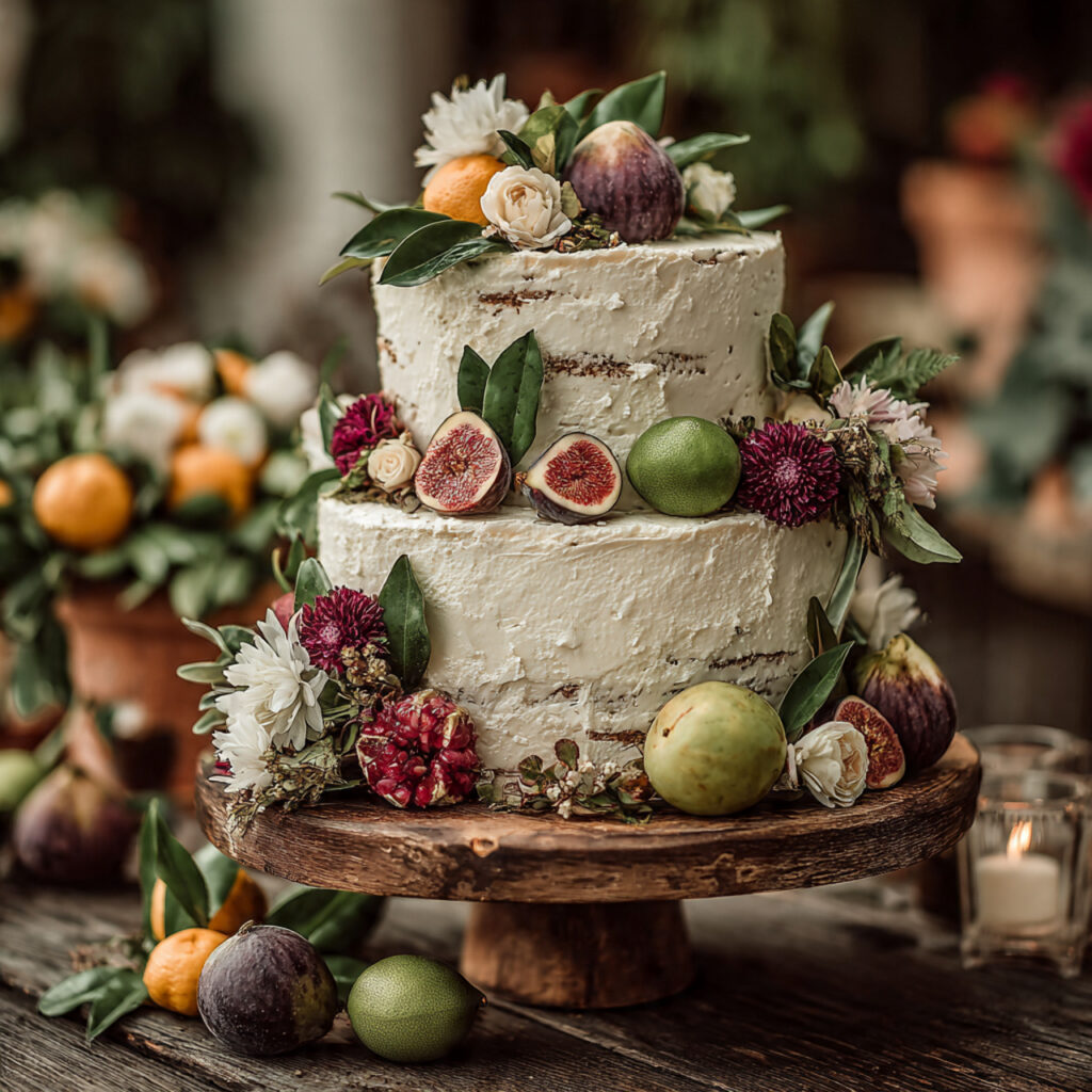 wedding cake styled with seasonal ingredients like