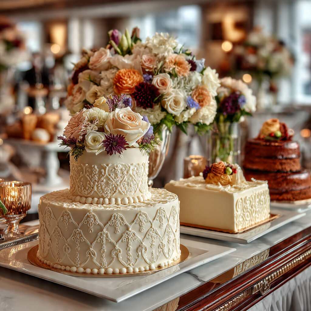 wedding cake table featuring a small decorative
